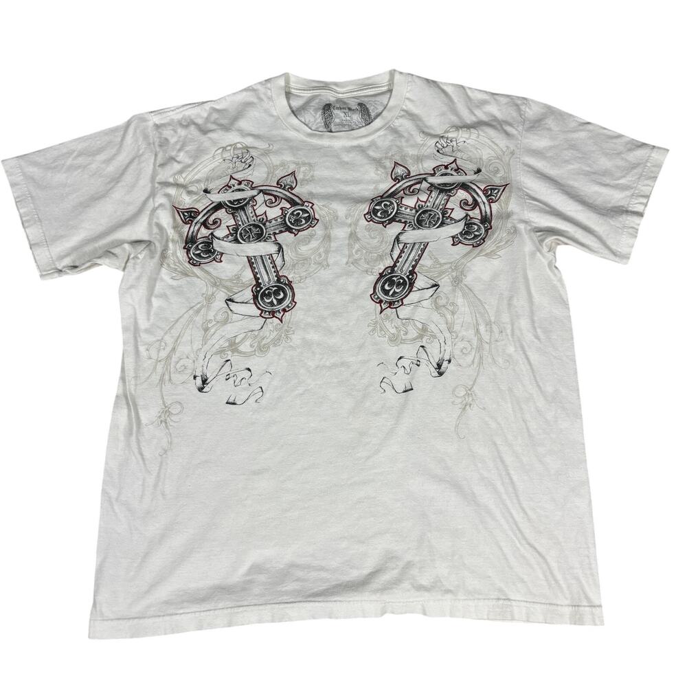 y2k 2000s Carbon Black tshirt XL cross wings affliction style emo grunge skater